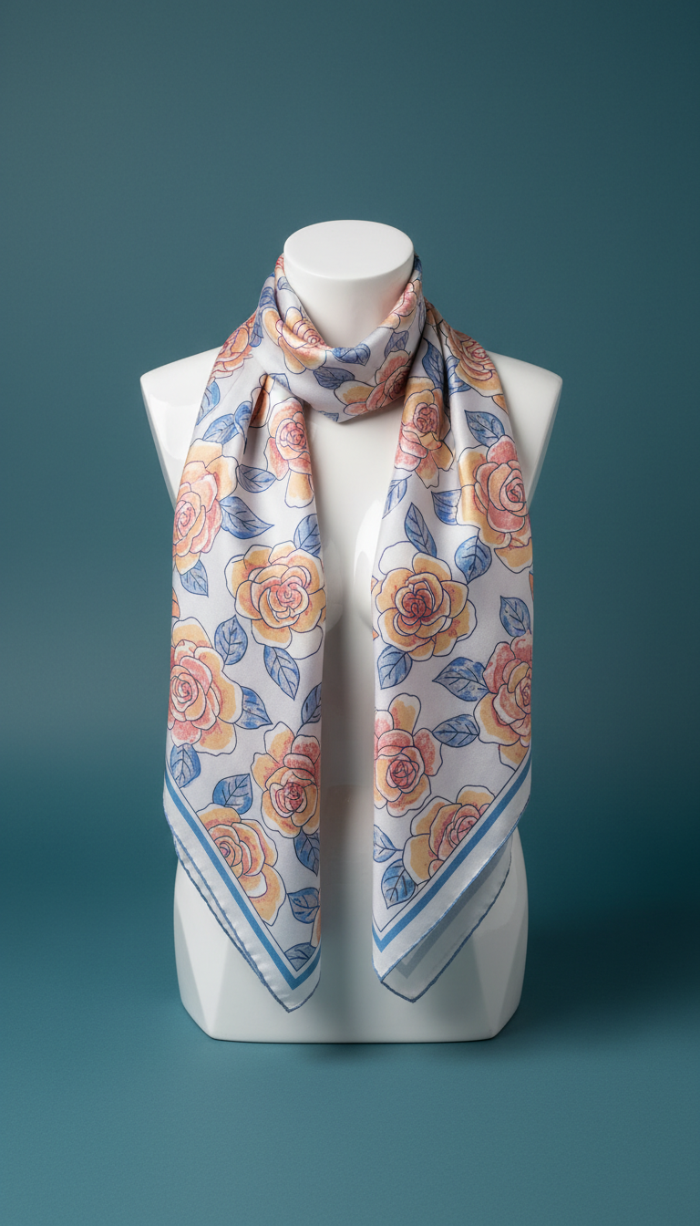 Rose Patterned Silk Scarf in Ceramic Blue
